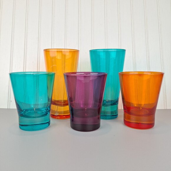 5 Mid Century Modern Style Drinking Glasses Tumblers. Teal, Orange, Purple - Picture 1 of 8
